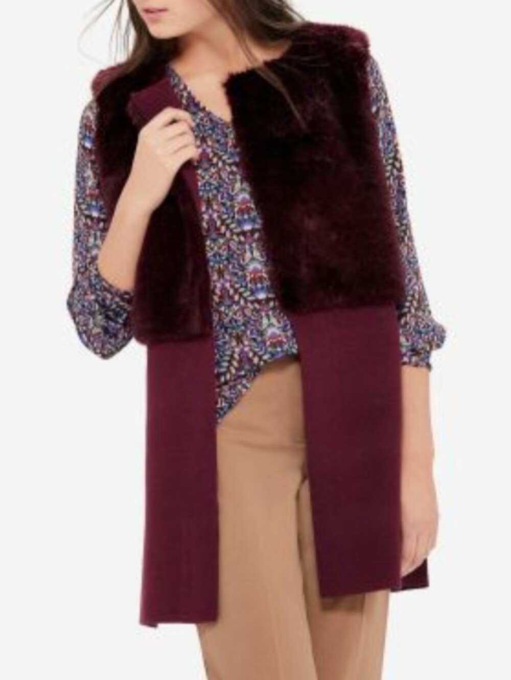 The Limited burgundy wool blend faux fur combo vest